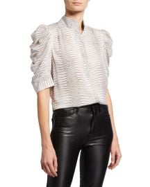 Frame Gilian Animal-Print Silk Puff-Sleeve Top at Neiman Marcus